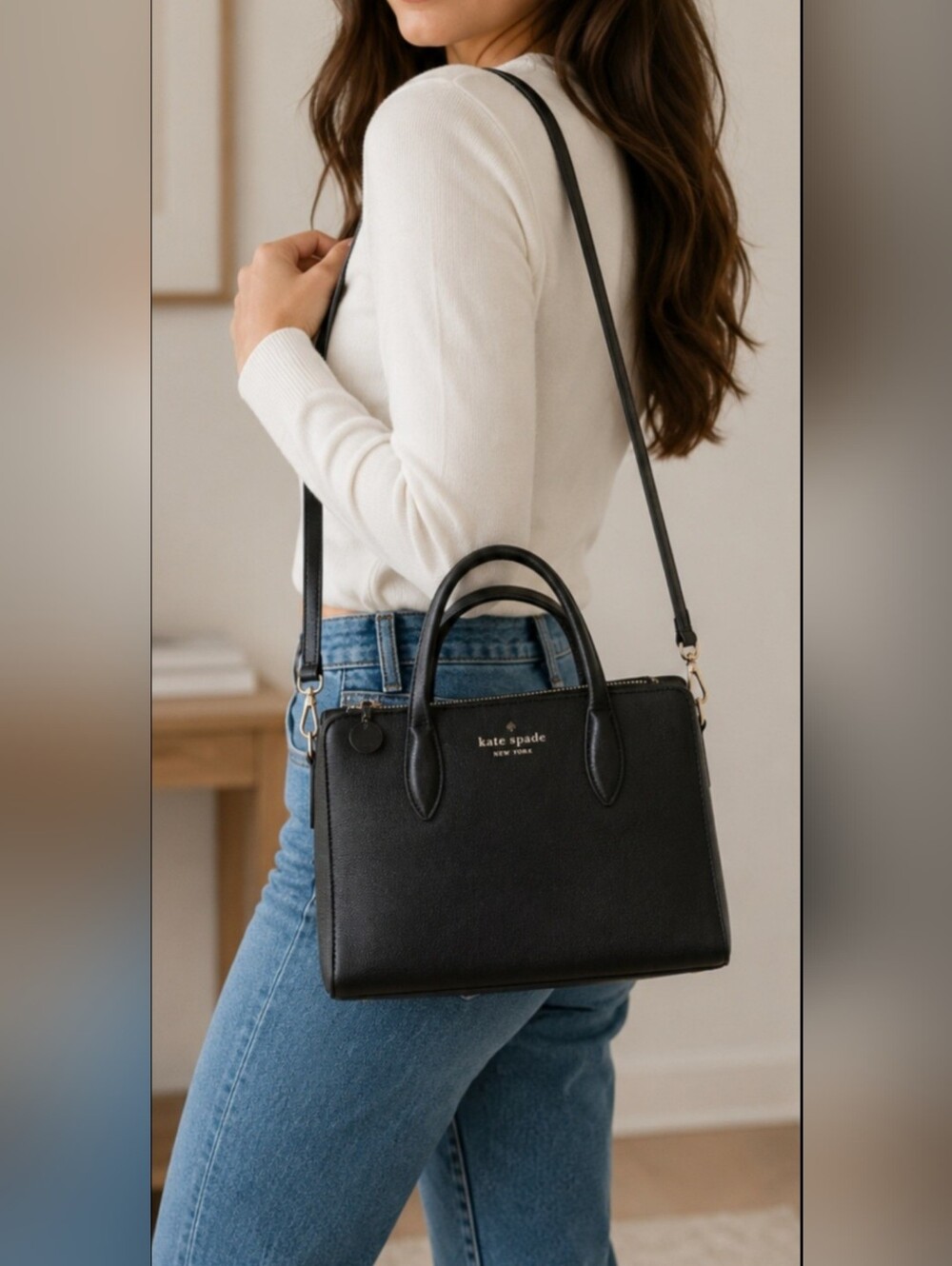 Kate Spade Rowe Small Top Zip Satchel Shoulder Bag Black Pebbled Leather